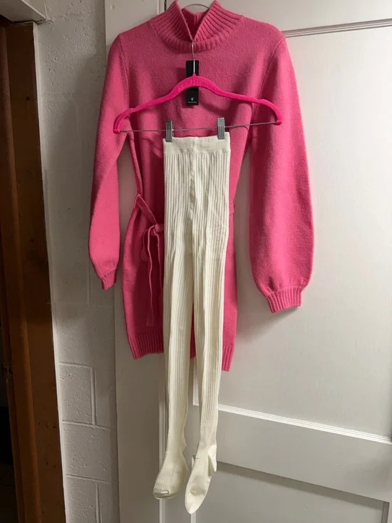 2 pc Lulus Pink Sweater Dress M/MeMoi Ribbed sweater tights S-M - Picture 2 of 4